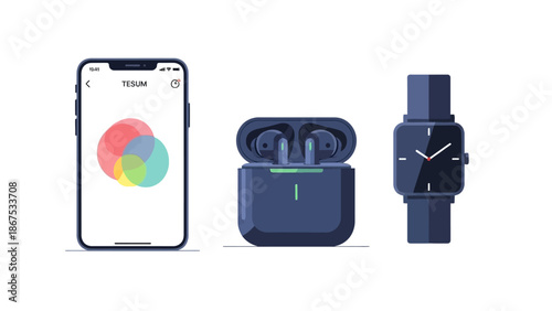 Modern gadgets: smartphone, wireless earbuds, smartwatch on white background