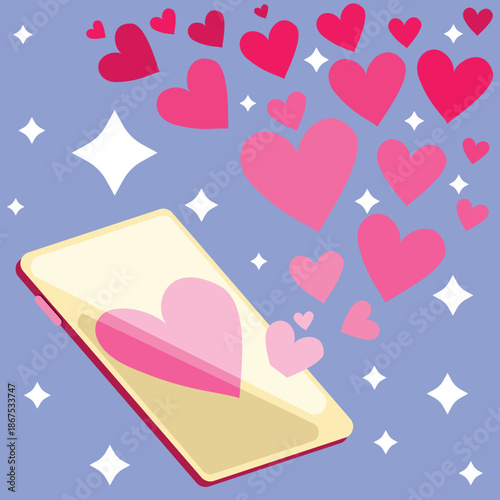 Smartphone showing romantic alerts with shimmering heart icons floating