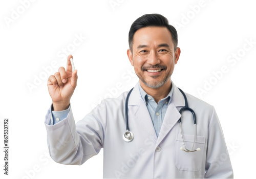 Smiling doctor pointing up isolated on transparent background