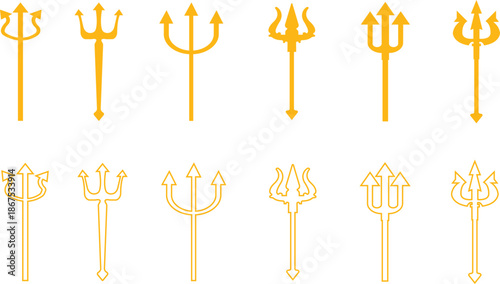 Trident Flat Line Style Vector Icon Set, Mythology Weapon Symbol Collection and Ancient Outline Graphic Group Featuring Trishul, Spear and Fork Emblem Designs