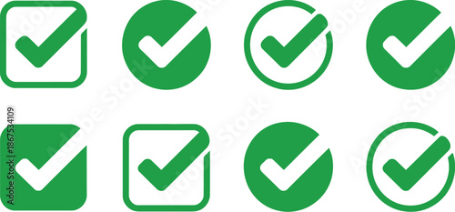 Set of Green Check Mark Icons in Circles and Squares
