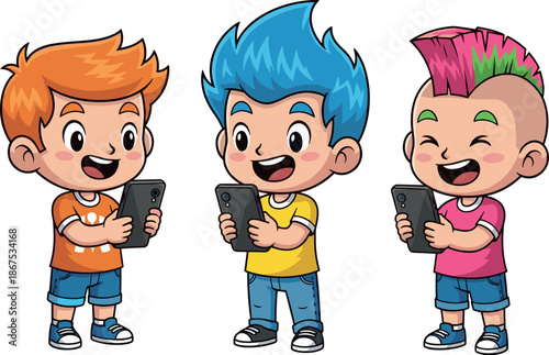 Cute cartoon boys using smartphones illustration showing kids technology addiction social media gaming mobile device concept vector