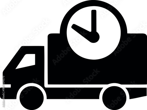 Black delivery truck icon with a clock symbol representing fast shipping and time-sensitive logistics services.