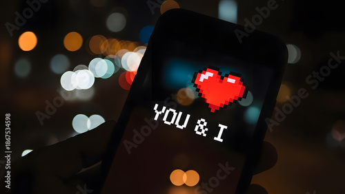 Smartphone screen displaying pixel art red heart and You & I text at night with city bokeh background
