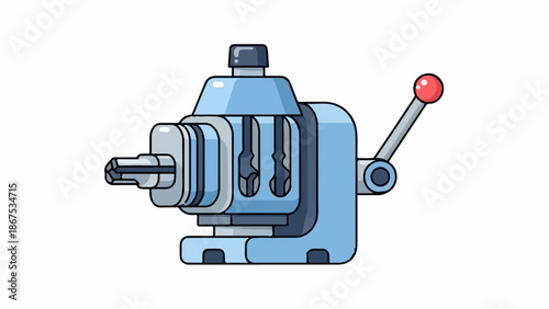 A cartoonish light blue industrial machine with a red-knobbed lever