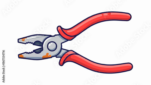 A cartoonish illustration of red-handled pliers, slightly worn with orange rust spots on the metal jaws