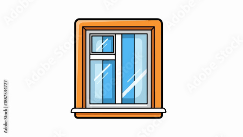 A cartoonish, modern window with an orange frame and glass panes reflecting blue
