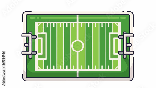 A cartoonish overhead view of a green sports field with white lines