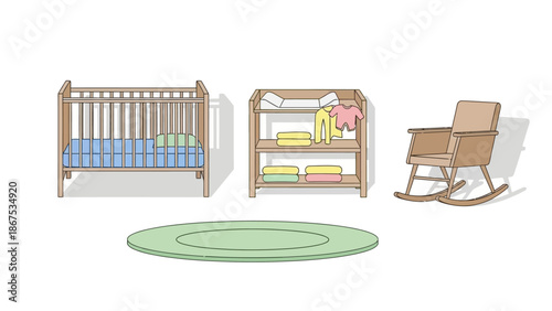 Nursery furniture: crib, changing table, rocking chair with baby clothes