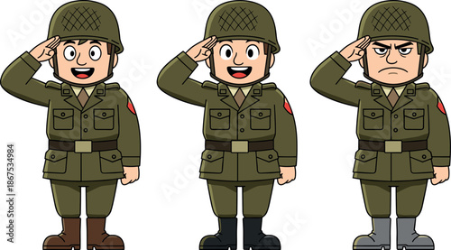 Cute cartoon soldier character set saluting with different facial expressions, military uniform mascot, army illustration isolated for design use