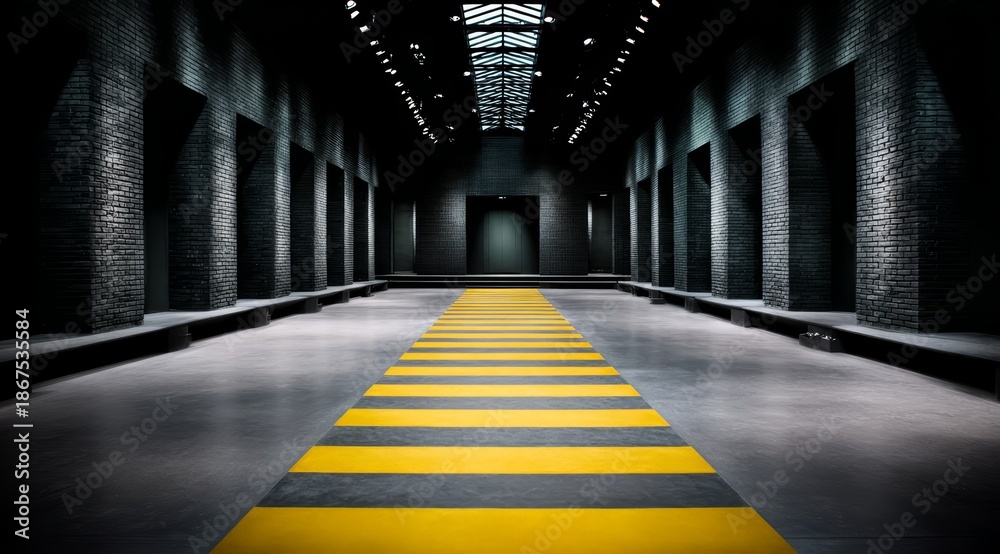 Fototapeta premium Long hallway with yellow and black stripes on the floor. The stripes are in a zigzag pattern