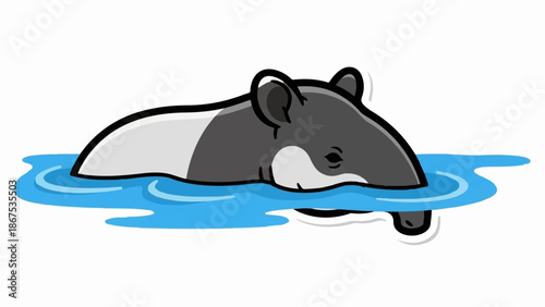 A cartoon tapir swims in blue water with a white background