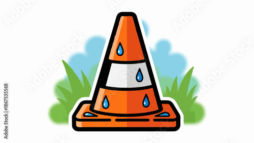 A cartoon traffic cone with water droplets sits in front of green grass and blue sky