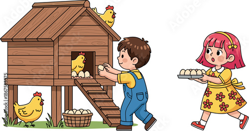 Cute kids collecting eggs from chicken coop cartoon illustration, farm life activity, happy children feeding hens, rural countryside scene design