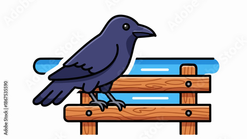 A cartoon raven perches on a rustic wooden fence, with a bright blue sky behind