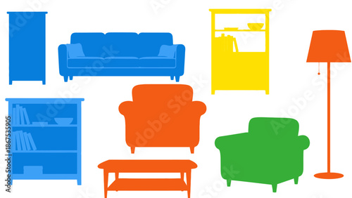 Colorful Furniture Silhouettes: Sofa, Armchairs, Shelves, Lamp