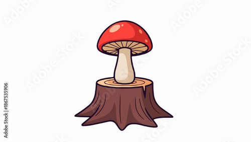 A cartoon red-capped mushroom with a pale stem grows from a dark brown tree stump