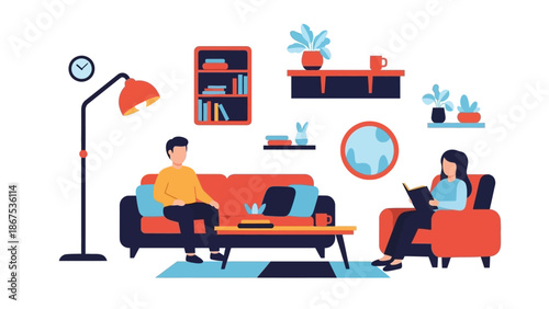 Couple relaxing in modern living room, interior scene
