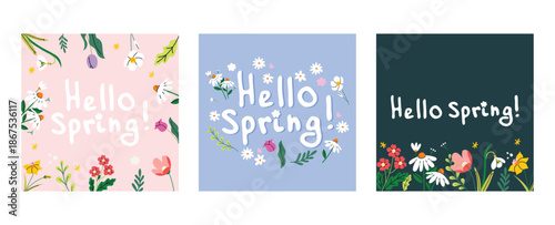 Spring stickers collection. Hello spring quotes.  Floral springtime  greeting card with hand drawn floral decorative elements and lettering. Positive phrases for stickers, postcards or posters. 