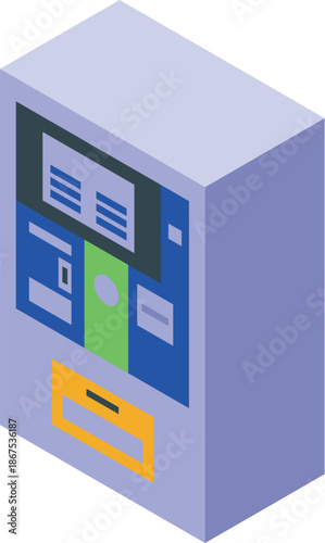 Isometric ticket vending machine displaying payment information, providing convenient automated ticketing services in public transport