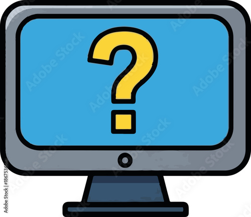 A blue computer screen displays a large yellow question mark, symbolizing a query