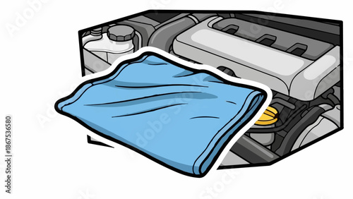 A blue cloth rests on a detailed illustration of a car engine
