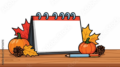 A blank notepad with fall decorations pumpkins, leaves, pinecones, and a pen