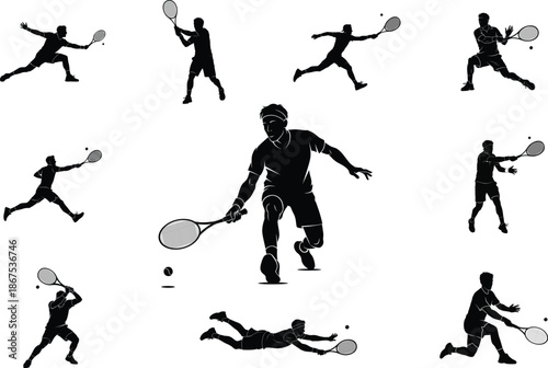 Tennis Action Silhouettes Collection – Dynamic Black Player Poses Set