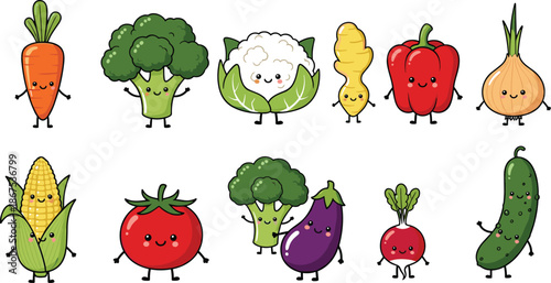 Cute kawaii vegetable characters collection with happy faces including carrot broccoli tomato corn eggplant cucumber and bell pepper vector