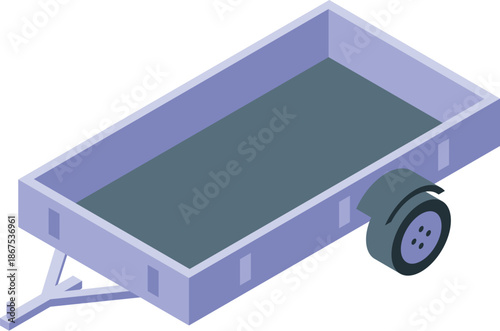 Isometric projection of an empty trailer, ideal for transporting goods or materials, featuring a single wheel and a sturdy frame