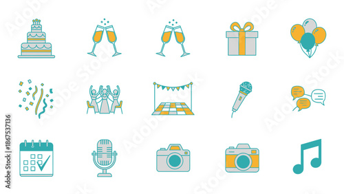 A collection of colorful party icons including cake champagne gifts balloons confetti microphone camera calendar music note on white background for celebration and event