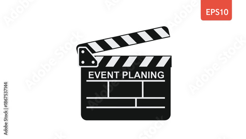 Black and white event planning clapperboard illustration for film and production with movie and video production and event management and organization
