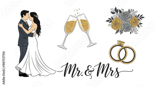 A romantic illustration of a newlywed couple embracing with wedding rings champagne and flowers symbolizing love and marriage with romance