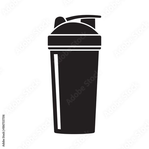 Simple black and white illustration of a protein shaker bottle with a lid