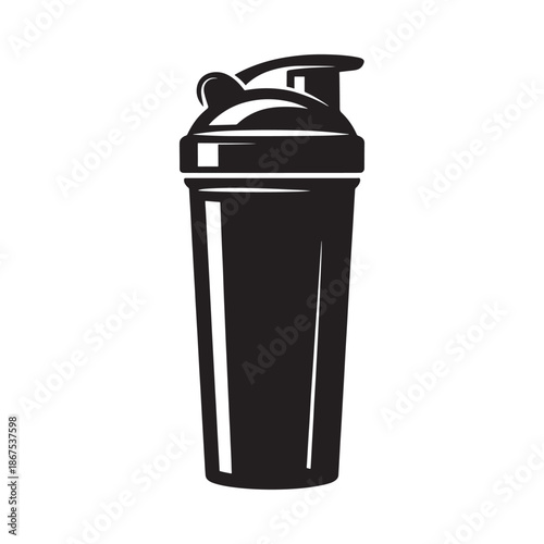 A black and white graphic illustration of a protein shaker bottle