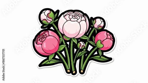 A bouquet of pink peonies, both in full bloom and as buds, with green stems and leaves