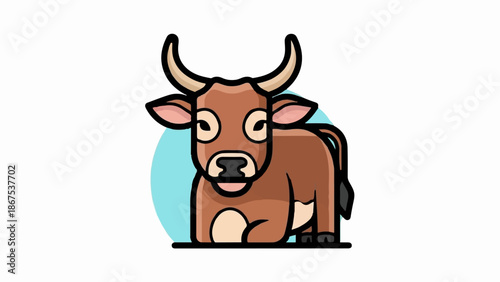 A cartoon bull with horns, brown body, light belly, and beige inner ears
