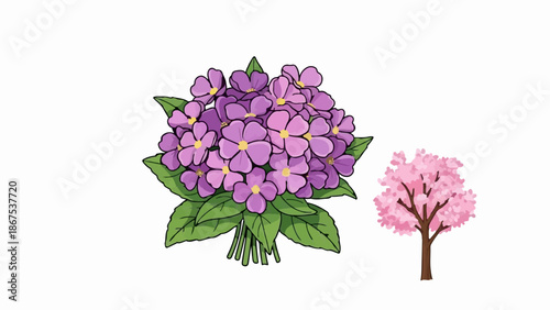 A bouquet of purple flowers sits next to a small pink blooming tree