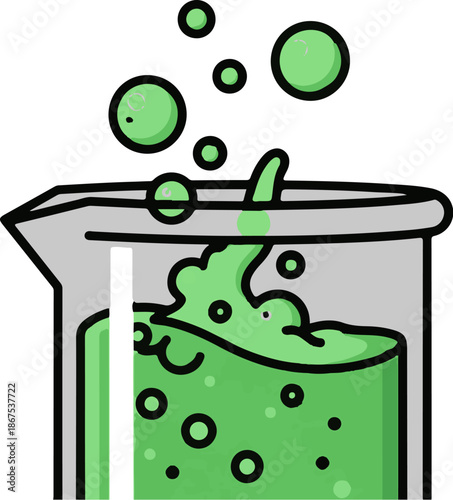 A bubbling green liquid erupts from a glass beaker, releasing bubbles into the air