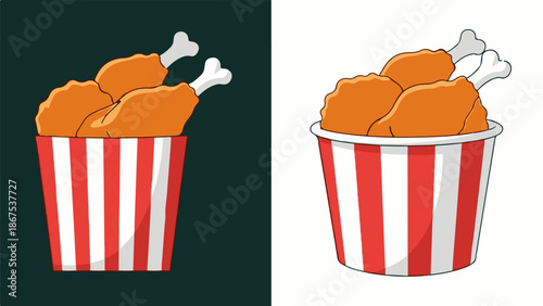 A bucket of crispy fried chicken drumsticks with red and white stripes