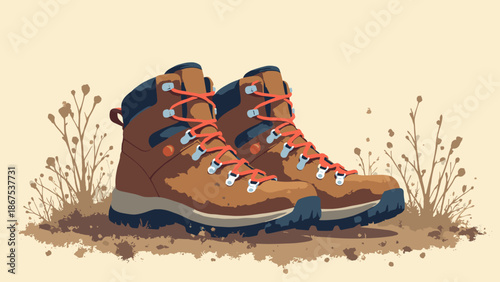 A pair of worn leather hiking boots. Mud splatters. 'Walk the path' concept. Flat vector