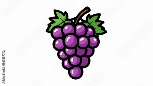 A cartoon bunch of purple grapes with green leaves and a brown stem