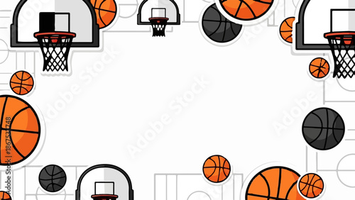 A border of basketball hoops and balls on a white background