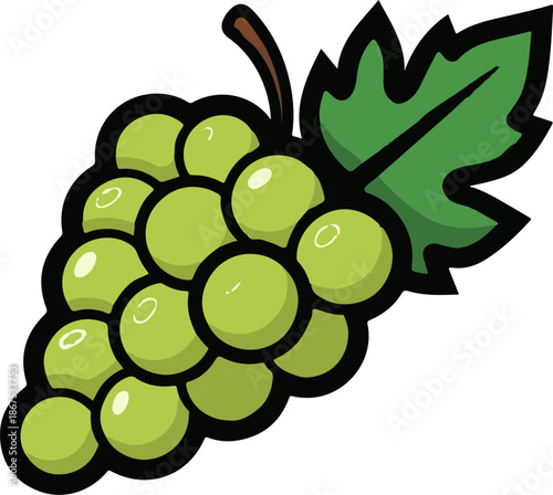 A bunch of bright green grapes with a stem and a single leaf
