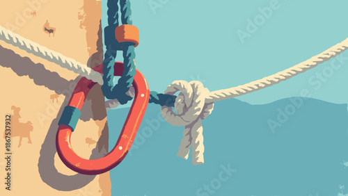 A climbing carabiner and rope knot. Safety gear concept. Technical vector illustration