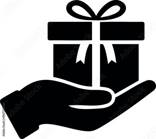 Minimalist black and white icon of hand holding a gift box representing generosity and celebration