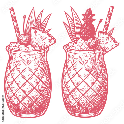 Two tropical tiki cocktails in pineapple-shaped glasses. Refreshing summer drink with fruit garnish. Hand-drawn vector illustration in a vintage sketch style.