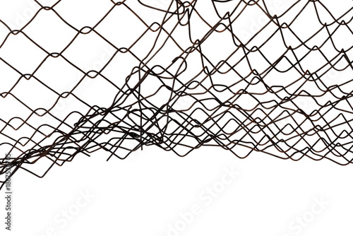 The texture of the metal mesh on a white background. Torn steel, metal mesh with holes