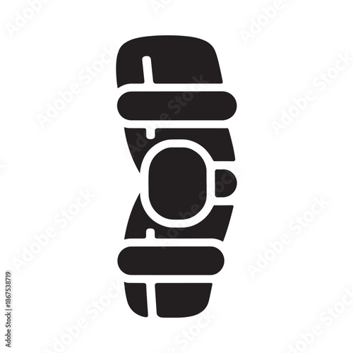 A simple black and white glyph icon depicting a knee brace or support
