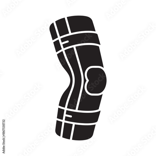 Simple black silhouette illustration depicting a human knee joint with brace